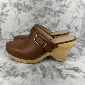 Veronica Beard Hendrix Brown Leather Platform Clogs 10.5 Wooden Block Heel Mules thumbnail 3