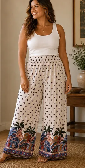 Love Wish Womens Large Wide Leg Tropical‎ Border Print Rayon Elastic Waist Pants thumbnail 1