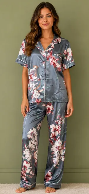 Gray Silky Floral Pajama Set Size L thumbnail 1