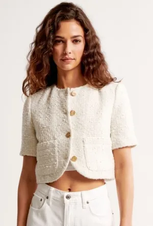 Abercrombie & Fitch Cream Short-Sleeve Cropped Tweed Blazer Jacket M thumbnail 1