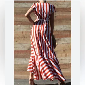 Bamboo Apparel striped adjustable waist wrap ruffle maxi dress size Med NWOT thumbnail 3