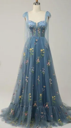 Prom Dress Blue With Embroidered Flowers thumbnail 1
