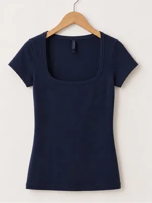 SKIMS Navy Blue Square Neck Cap Sleeve Basic Essential Luxury Y2K Tee Small thumbnail 4