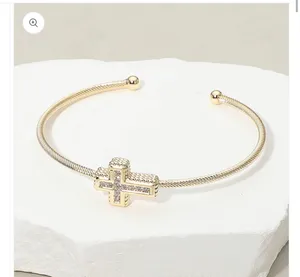 14K Gold Plated CZ Stone Paved Cross Accent Cuff Bracelet thumbnail 2