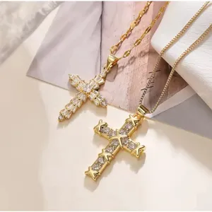 NEW Unisex 18k Gold Filled Plated Simulated‎ Diamond Cross Necklace, 16-18” thumbnail 4