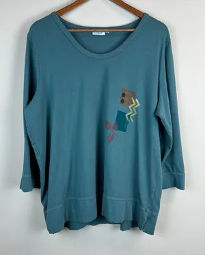 Prairie Cotton Tunic Top Womens Large Green 3/4 Sleeve Knit‎ Artsy Art To Wear L thumbnail 1