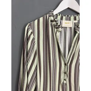 Maeve Blouse Womens Medium Mint‎ Green Brown Striped V-Neck Long Sleeve Top thumbnail 2