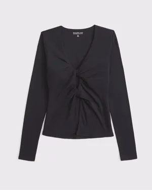 Abercrombie & Fitch Bra-Free Black Twist-Front Long Sleeve Cutout Top thumbnail 2