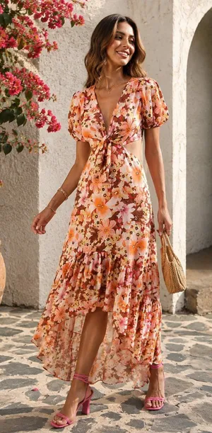 ASTR Jennell Summer Boho Maxi Dress Wedding Guest Vacation in Brown Red Floral thumbnail 1