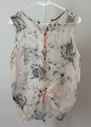 Silk Floral Boho Fairy Ethereal Tie Waist Sleeveless Blouse Pink Cream S thumbnail 1