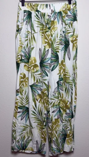 Sigrid Olsen Women‎ Linen Pants Large White Green Tropical Palm Leaf Wide Leg thumbnail 1