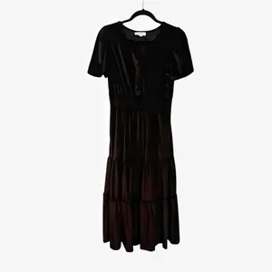 THML NEW Black Velvet Velour Tiered Maxi Dress Puff Sleeve Boho Cottagecore S thumbnail 5