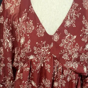 Bailey Blue Womens Burgundy Floral Print V‎ Neck Babydoll Dress Ruffle Sleeve M thumbnail 3