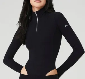 Alo Rise Up Long Sleeve Bodysuit Black Mock Neck Zip-Up Turtleneck Stretchy Rib thumbnail 1