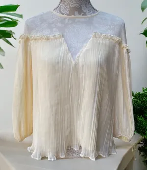 Topshop Boho Feminine Fairy Romantic Cream Pastel Pleated Sheer Neckline Blouse Size 8 thumbnail 1