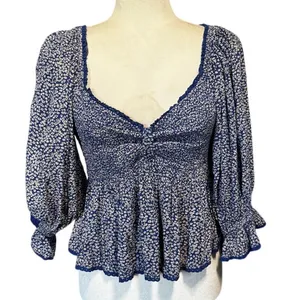 Free People Brittnee Print Smocked Peplum Top – Blue Combo Milkmaid Boho thumbnail 1