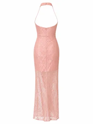NBD Revolve Dusty Pink Lace Halter Gown Cottagecore Barbie Formal Dress M Prom thumbnail 11