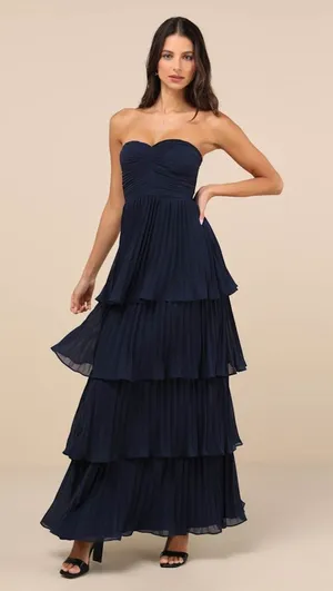 NWT Lulus Seriously Sensational Navy Blue Strapless Tiered Maxi Dress Gala Sz L thumbnail 1