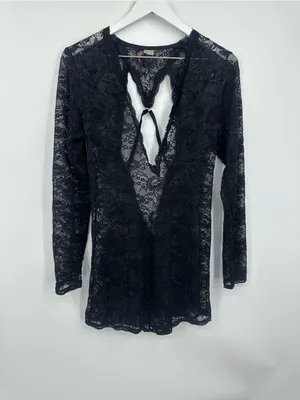 Vintage Y2K Black Lace V Neck Long Sleeve Shirt Size XL Whimsical Dark Romance thumbnail 10