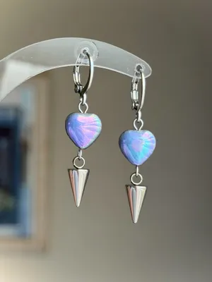 Handmade Czech glass heart & spike dangle earrings💜🩵💙 thumbnail 2
