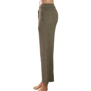 Uniqlo Womens Brown Ribbed Knit Casual Straight Wide Leg Trouser Lounge Pants 27 thumbnail 2