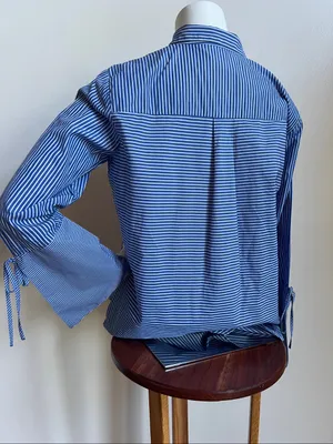 LOFT Blue & White Vertical Stripe Button-Down Shirt trumpet sleeve thumbnail 4
