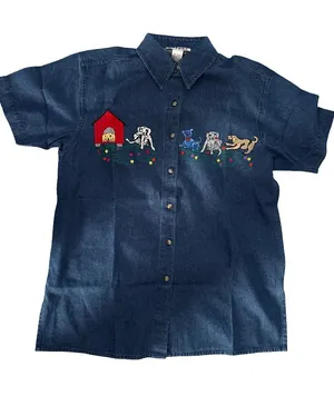 Embroidered Dog Denim Button-Up Shirt - Navy thumbnail 1