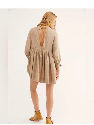 Free Peopleni Dress Beige Cotton Gauze Boho Babydoll medium thumbnail 3
