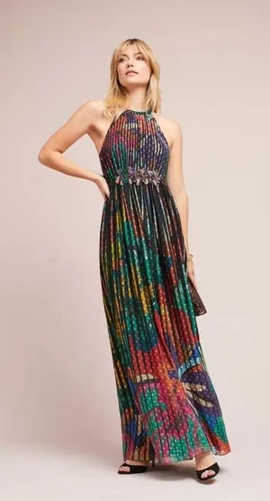 Anthropologie‎ GEISHA DESIGNS Kalinka Maxi Dress Halter Embellished Clip Dot 0 thumbnail 1