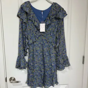 NWT Free People Blue Floral Ruffle Mini Dress Long Bell Sleeves Size 4 thumbnail 2