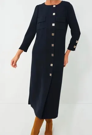 Tuckernuck Barnett Dress Womens Small Navy Blue Gold Turn-Lock Midi Sheath Work thumbnail 1