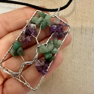 Amethyst and aventurine silver tone tree pendant necklace thumbnail 3