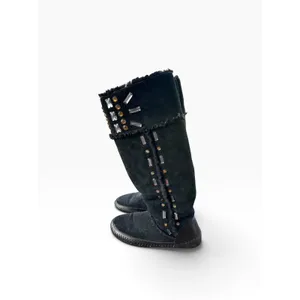 Tory Burch Moccasin Boots 8 Black Suede Crystal Rhinestone Tall Boho Sherpa thumbnail 6