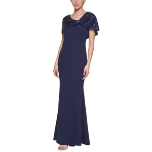 Vince Camuto Womens Crepe Trumpet Sequin-Cape Dress Gown VC2M3344 Navy Blue 2 thumbnail 7