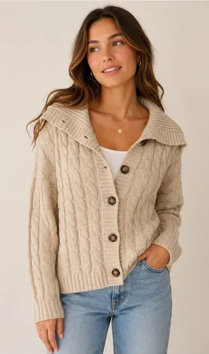 Ann Taylor Cream Cable-Knit Button Cardigan thumbnail 1