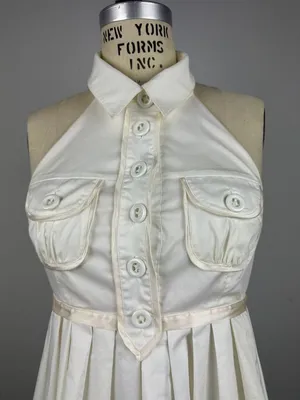 Vintage Y2K Bebe Off White Halter Tanya Mini Dress Pleated Button Front Size S thumbnail 5