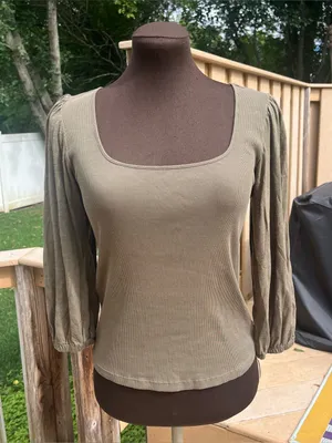 Sanctuary Olive Square Neck Ribbed Knit 3/4 Puff Sleeve Top Size S Fairy Boho thumbnail 1