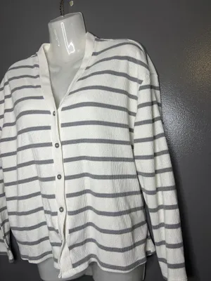 Como Sleep Pajama Set Womens Medium White Gray Stripe Knit Top Pants Lounge thumbnail 4