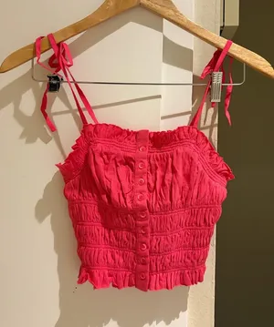 NWT urban outfitters cute Bright Pink Tie-Strap Smocked Crop Top thumbnail 1