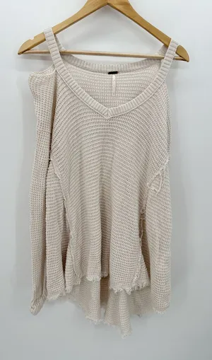 Free People‎ Cream Moonshine V Neck Sweater Cold Shoulder Distressed Small FW26 thumbnail 1