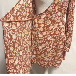 Billabong Wrap Dress Red Clay Crinkle Floral Blouson Sleeve Boho Cottage Party M thumbnail 8