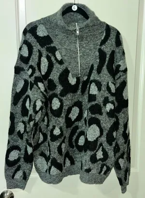 RD Style Animal Print Half Zip Turtleneck Sweater Black & Grey thumbnail 1