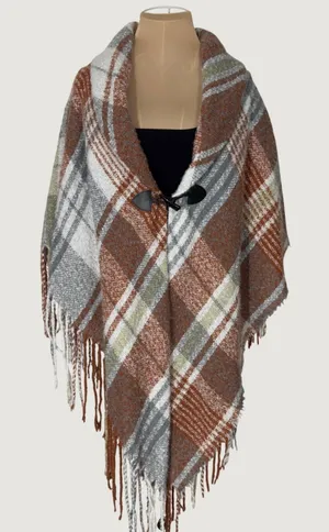 3019 | NWT Rustic Fall Plaid Fringe Toggle Wrap Shawl Poncho Rust OS Cozy Orange thumbnail 1