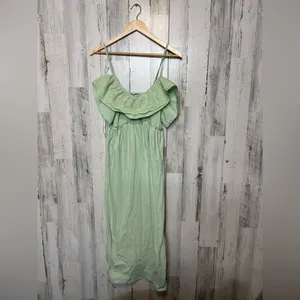 ZARA Green Eyelet Ruffle Maxi Dress Small Off Shoulder Cottagecore Summer thumbnail 6