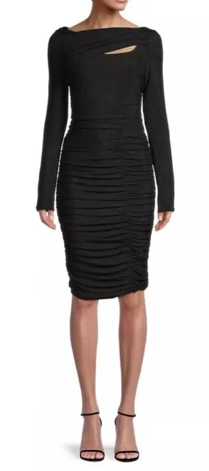 Rachel Parcell‎ Metallic Bodycon Ruched Midi Long Sleeve Dress Stretch Black Sm thumbnail 1