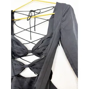 Oh Polly Adria Long Sleeve Bow Mini Dress Size 2 Black Satin Ruffle Lace Up Back thumbnail 10
