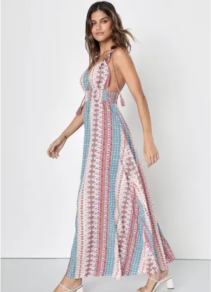 Lulus Maxin' Relaxin' Blue Multi Print Sleeveless Tie-Strap Maxi Dress thumbnail 3