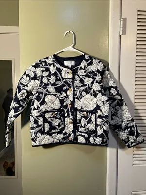 Time and Tru Womens Sz XS 0-2 Quilted Jacket Navy Blue White Floral Gold Buttons thumbnail 3