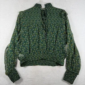 Free People Dark Green Floral Smocked Mock Neck Blouse OB1069086 M thumbnail 12