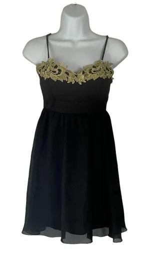 Trac Size XS Black Gold Mini Dress Whimisgoth Chiffon‎ Fairy Grunge HOCO thumbnail 1